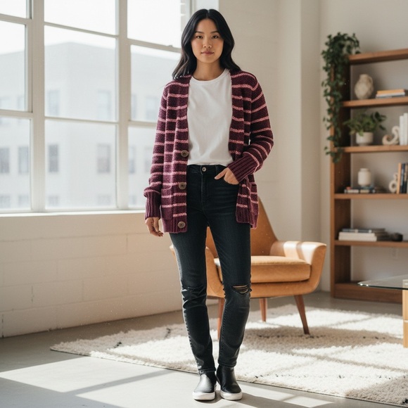 Free People Sweaters - Free People Coastal Beach Chunky Knit Long Cardigan Maroon & Pink Stripe - XS